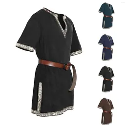 Men Mediaeval Knight Warrior Costume V Neck Vintage Tunic Clothing Long Tops Short Sleeves Loose Cosplay Renaissance Blouse