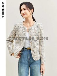 Men's Jackets SENTUBILA Contrast Plaid Cropped Tweed Jacket for Women 2023 Elegant Straight Long Sleeve Autumn Winter Short Coats 133W49788 J231019