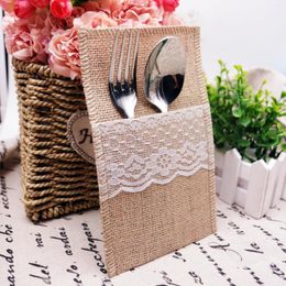 Party Decoration 20pcs Lace Burlap Cutlery Pouch Vintage Jute Hessian Knife Fork Holder Rustic Wedding Birthday Tableware Bag