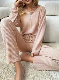 Women's Two Piece Pants Casual Set 2023 Comfortable Waffle Knit Crew Neck Long Sleeve Top And Lace-Up Pyjamas
