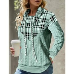 Women's Knits Tee's Spring and Autumn Blouse Casual Loose High Neck Plaid Long Sleeve Hooded Top 231018