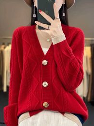 Women's Sweaters Autumn Winter Women Thick Cardigans Merino Wool Sweater Warm Casual Vneck Twist Cashmere Knitted Coat Korean Fashion Tops