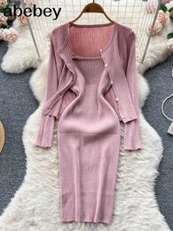 Two Piece Dress Autumn Plink Knitted Pieces Suits Women Long Sleeve Knit CardiganSlim Short Camis Sweater Sets 231018
