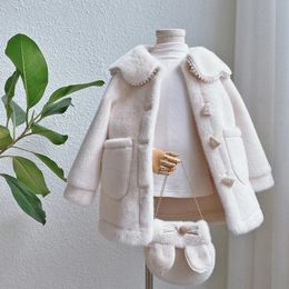 Coat Kids Girls Jacket Outwear 2023 Sweet Faux Fur Warm Plus Velvet Thicken Winter Woolen Outdoor Fleece Children's Clothes 231018