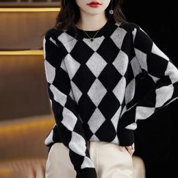 Women's Knits Tee Yellow Black Argyle Pattern Pullover Sweaters Clasical Plaid Soft Warm Sheep Wool Tops Autumn Winter Cosy Knitwear 231018