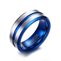 Men's Polished Grooved Tungsten Carbide Rings 8mm Blue Brushed Hammered Wedding Bands Step Edge RING SIZE 6-132202