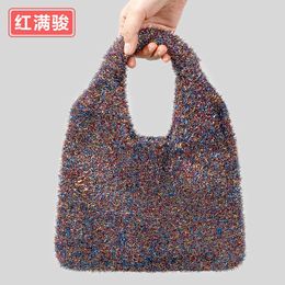 New Gold Thread Knitted Handbag for Female Minority Design Shiny Tank Top Bag Bling Soft Handbag