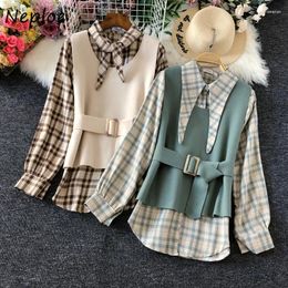 Work Dresses Neploe Autumn Fashion Womens Suits Pointed Collar Single Breasted Plaid Shirt Lace Waistcoat Vests Two-piece Female