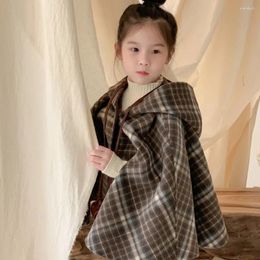 Jackets 7906 Children's Cloak 2023 Winter Korean Boutique Girl's Plaid Hooded Double-sided Wearing Padded Coat