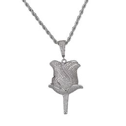 New Rose Flower Petals Necklace Pendant With Rope Chain Iced Out Cubic Zircon Bling Men Hip Hop Jewelry263u