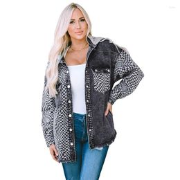 Women's Jackets Autumn Winter Clothes Women Hooded Denim Coat Ruffled Hem Casual Plaid Long Sleeve Jacket