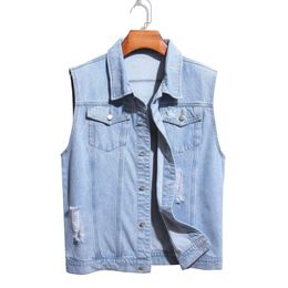 Mens Vests Denim Vest Simple Fashion Washed Grinding White Hole Slim Youth Motorcycle Foreign Trade Wholesale Drop Delivery