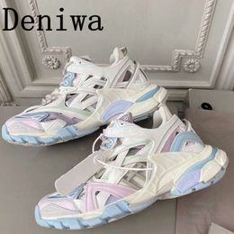 Thick Bottom Women Flat Sneakers Runway Designer Mixed Colors Nature Leather Couples Height Increasing Trainers Causal Shoes