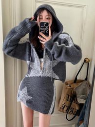 Work Dresses Gothic Y2K Women Cropped Sweater Zip Up Cardigan 2023 Autumn Star Print Jackets Hooded Knitted Skirts Casual Two Pieces Set