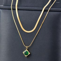 Chains ANENJERY 316L Stainless Steel Green Square Zircon Pendant Necklace For Women Fashion Simple Jewellery Accessory Daily