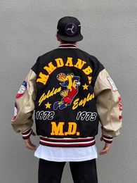 Men's Jackets Flocking embroidery letter splicing design leather sleeve baseball jacket men's autumn and winter hip-hop street jacket men 231018