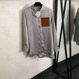 Thin Ice Silk Base Shirt Women Luxury Lapel Leather Pocket Blouse Designer Loose Long Sleeved Tops