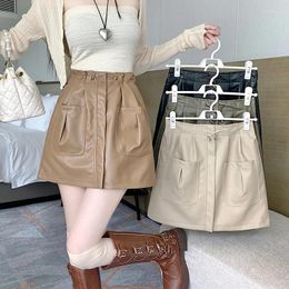 Skirts Real Time PU Leather Double Pocket Drawstring Elastic Waist Flower Bud Skirt For Women's Autumn Anti Glare Short Casual A-