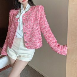 Women's Jackets Autumn Winter Pink Sequin Thick Tweed Fragrant Coat Round Neck Slim Fit High Quality