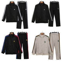 23ss Needles AWGE Men Women Pants Jackets Blue Butterfly Embroidery Stripes Black Sweatpants Tracksuit suit