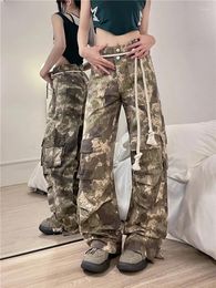Women's Pants Women Camouflage Cargo American Retro Overalls High Waist Straight Wide Leg Street Hip Hop Men Trousers Y2K Style XL