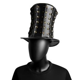 Halloween Toys Vintage Rivet Magician Hat High Witch Steampunk Women Goth Halloween Accessory Pirate Cosplay Leather Funny Party Hat 231019