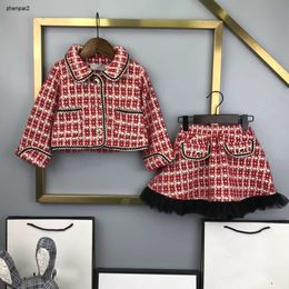 Luxury Autumn Set for baby Woven fabric Girls Dress suits Size 100-150 Single breasted lapel jacket and short skirt Oct15