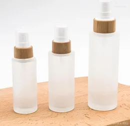 Storage Bottles 50ml 100ml 120ml Flat Shoulder Frosted Glass Spray Pump With Bamboo Lid For Serum Lotion Shampoo Shower Gel Toiletrie SN