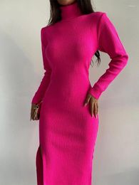 Casual Dresses Autumn High Collar Knitted Dress For Girl Elegant Long Sleeve Slim Midi Wrap With Slit Bodycon Women Luxury 2023
