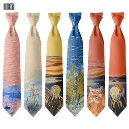 Neck Ties Fashion 8cm Wide Polyester Ties Oil Painting The Scream Sailboat Cat Funny Necktie Leisure Party Wedding Shirt Suits Accessories 231019