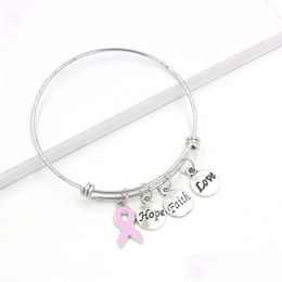 Charm Bracelets New Arrival Stainless Steel Wire Bangle Hope Faith Breast Cancer Charm Bracelets For Women Awarenesss Jewelry Drop Del Dhrgv