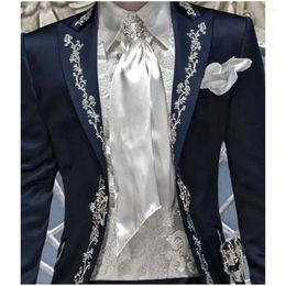 Men's Suits Italian Stylish Navy Blue Embroidery Men Suit Wedding Groom Slim Fit Gentle Prom Party Costume Homme Dinner Tuxedo 2 Piece Terno