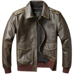 Men's Leather Faux Flight Jackets A2 Edged Army Green Cow Jacket Men Cowhide Bomber Coat Genuine Autumn 231020