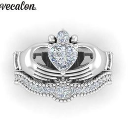 Wedding Rings Vecalon Luxury Lovers Claddagh Ring 1ct 5A Zircon Cz White Gold Filled Engagement Band Set For Women Men292Q
