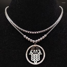 Pendant Necklaces Islam Hamsa Hand Crystal Stainless Steel Good Luck Of Fatima Layered Necklace Jewellery Joyeria N63S07