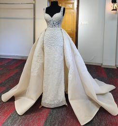 2023 Oct Arabic Aso Ebi Plus Size Beaded Lace Wedding Dress Sheath Detachable Train Bridal Gowns Dresses ZJ609