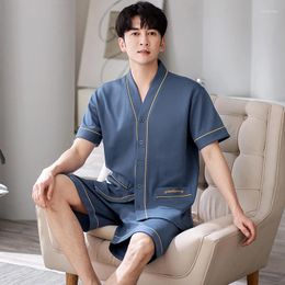 Men's Sleepwear 2 Piece Cotton Pyjamas Sets Solid V-Neck Kimono Pyjamas Male Short Sleeve Shirt Pants Sleep Suits Homewear