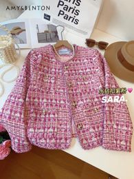 Women's Jackets Rhinestone Buckle Purple Pink Wool Coat Women Autumn And Winter Tweed Woven Round Neck Long Sleeve Coats Casaco Female