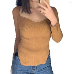 Women's Sweaters Women Knitted Blouse Shirt Tops Square Collar Long Sleeve Side Split Irregular Hem Skinny Pullover Knitwear