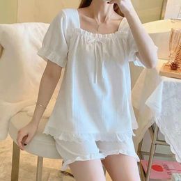 Women's Sleepwear Pajama Sets Women Lace Bow Thin Summer Kawaii Home Leisure Trendy Teens Sweet Cozy Korean Style Loose Tender Female