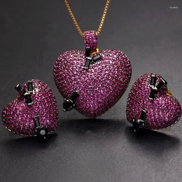 Necklace Earrings Set Luxury Heart Shape Stud Pendant Paved Micro Cubic Zirconia Stone Crystal Gold Color CZ Bridal