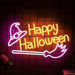 1pc Happy Halloween Neon Sign Light, Witch Hat Neon Sign Dimmable Broom Led Wall Decor Neon Lights, Halloween Decorations For Home Spooky Party Room, USB Powered