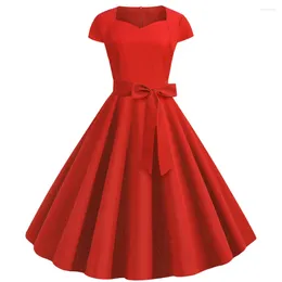 Casual Dresses 2024 Summer Solid Red Colour 50s 60s Vintage Dress Women Short Sleeve Square Collar Elegant Office Party Midi Belt