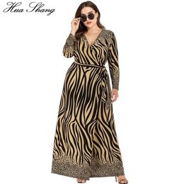 Casual Dresses 5XL 6XL Plus Size Winter Dress Long Sleeve Women V Neck Striped Leopard Print Maxi Belted Split Wrap177R