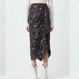 Skirts 2023 Summer Retro Floral Ruffle Slit Pleated Irregular Long Women Loose Skirt Office Lady Casual Plaid Dress