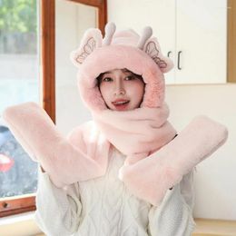 Berets Knitted Hat Soft Material Winter Women's Plush Windproof 3-in-1 Scarf Gloves Set With Cartoon Decor Protection For Face