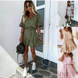 Sexy New Womens Beach Summer plain ruffled dress with short sleeves and Ruffles Dress Street Style Dresses Shirt Skirt Big Size S-277e