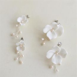 White Ceramic Flower Earrings Wedding Bridal Jewelry Set Freshwater Pearls Flowers Floral Earring Fashion Charm Dropping Long Drop296r