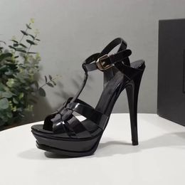 Designer Women Sandals Tribute Patent Leather Platform Sandal Stiletto High Heel Shoes T-strap Highs Heels with Box