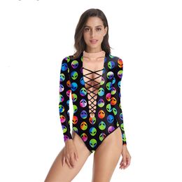 Alien Head Pattern 3D Printed Women Swimsuit Summer Casual Long Sleeve Beachwear Bathing Suit Sexy Tight Swimwear